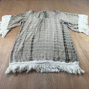 Umgee Boho Tie Dye Tunic Top Fringe Hem 3/4 Sleeve Women Medium